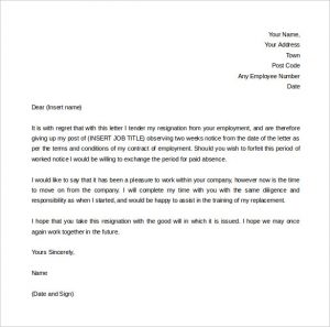 week notice letter template two weeks notice letter template for resignation free download