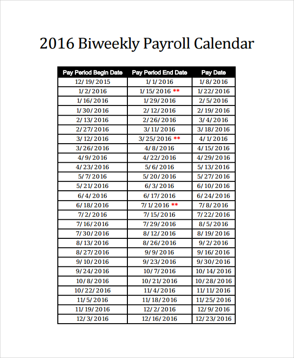 2016 biweekly payroll calendar