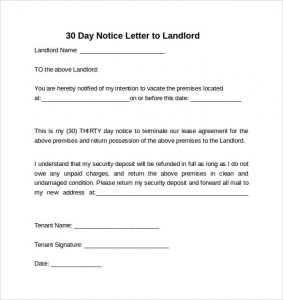 30 day notice 30 day notice letter to landlord