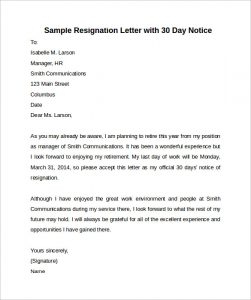 30 day notice sample 30 days notice letter