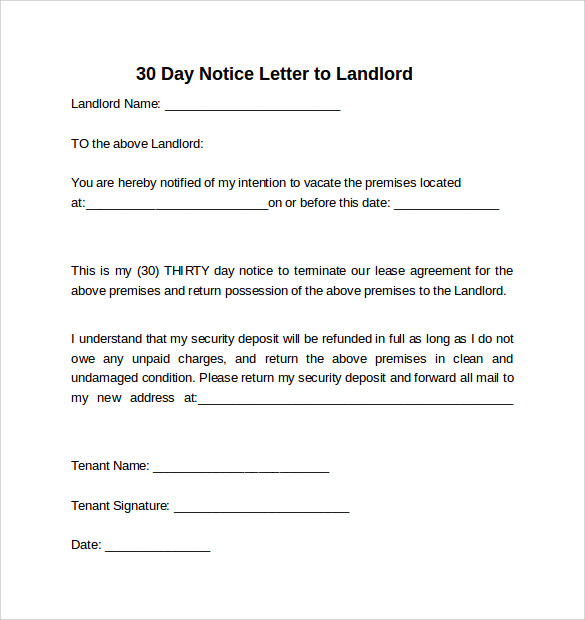 30 day notice to landlord template