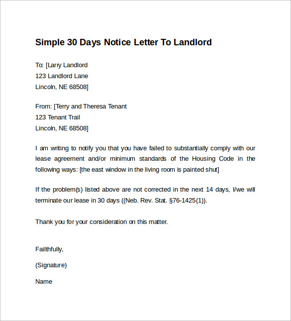 30 day notice to landlord template