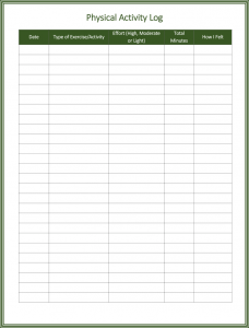 activity log template physical activity log template