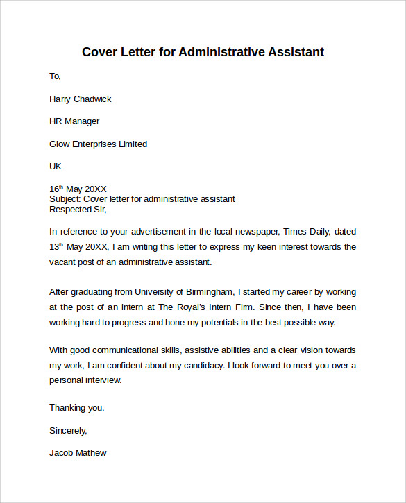 admin assistant cover letter