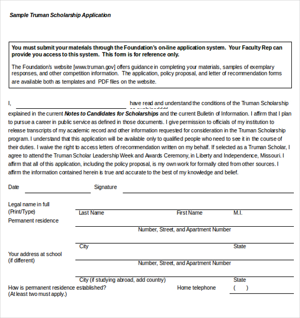 application for scholarship sample