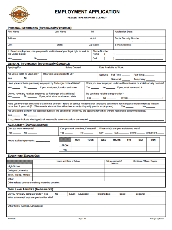 applications for employment templates