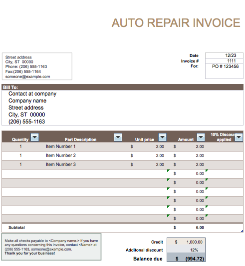 auto repair invoice