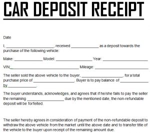 automotive bill of sale template car down payment deposit receipt
