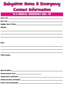 babysitters information sheet printable babysitter emergency contact form