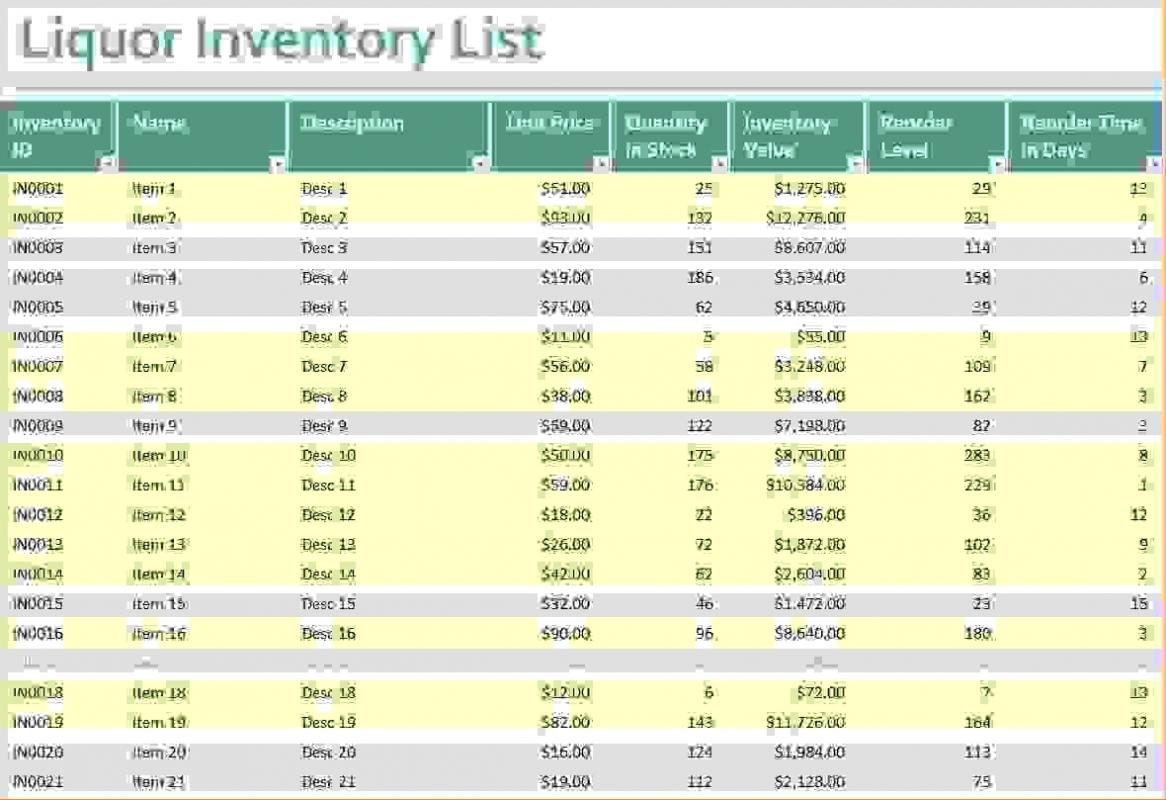 bar inventory list