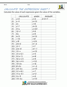 basic algebra worksheets th grade math worksheet calculate the expression