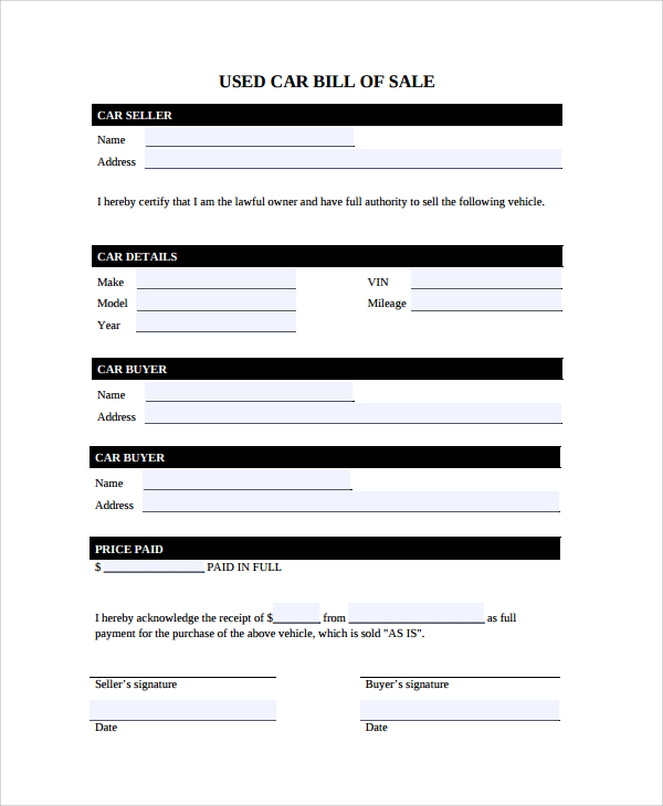 bill of sale for used car
