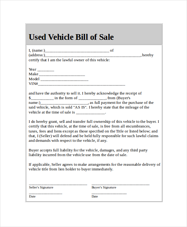 bill of sale for used car