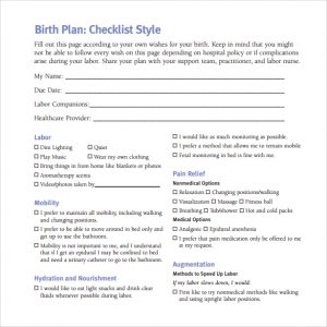 birth plan pdf birth plan checklist template pdf