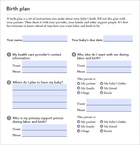 birth plan samples birth plan