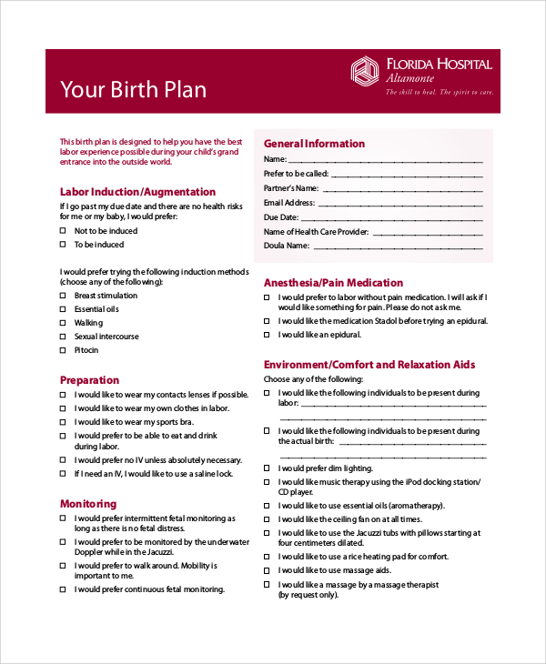 birth plan samples