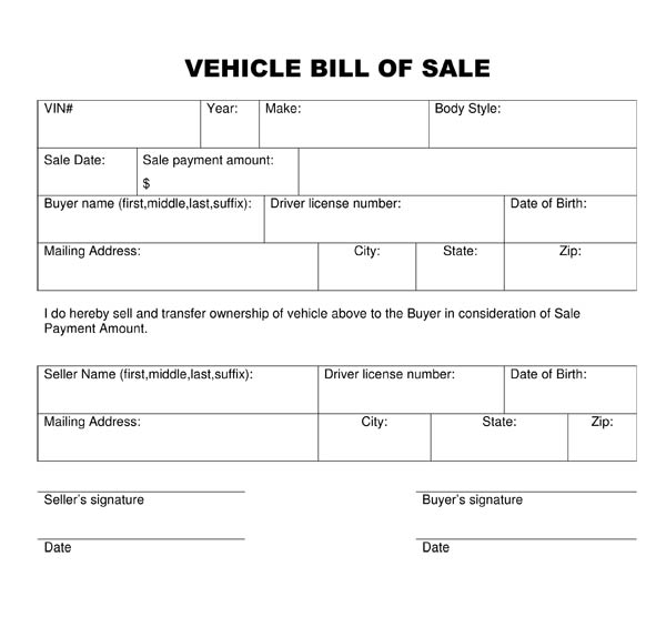 blank bill of sale