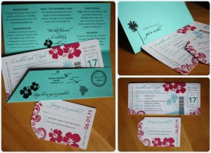 boarding pass invitations pink hibiscus swirl and turquiose palm tree boarding pass wedding invitations x