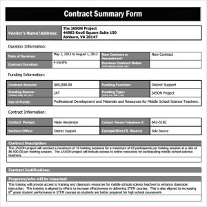 business agreement sample contract summary form