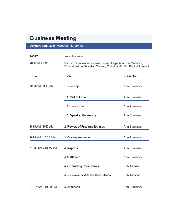 business meeting agenda template