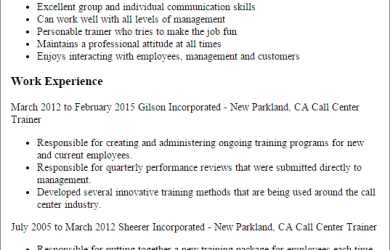 call center representative resume call center trainer