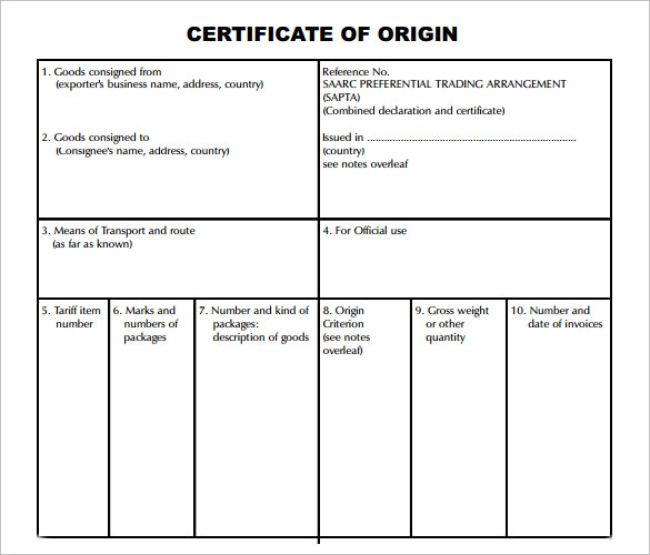 certificate of origin template