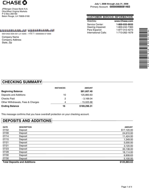chase bank statement template