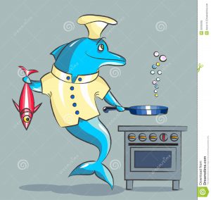 chef business cards dolphin cook smiling kitchen uniform prepares fish