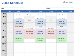 class schedule template college class schedule template