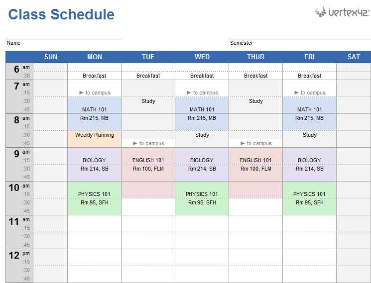 class schedule templates
