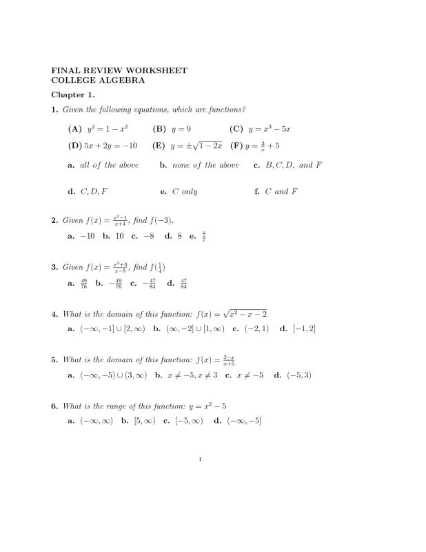 college algebra worksheets