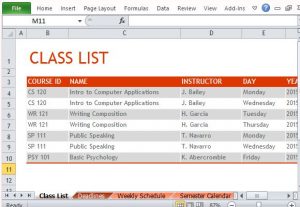 college class schedule template list your classes for a particular semester and plan ahead