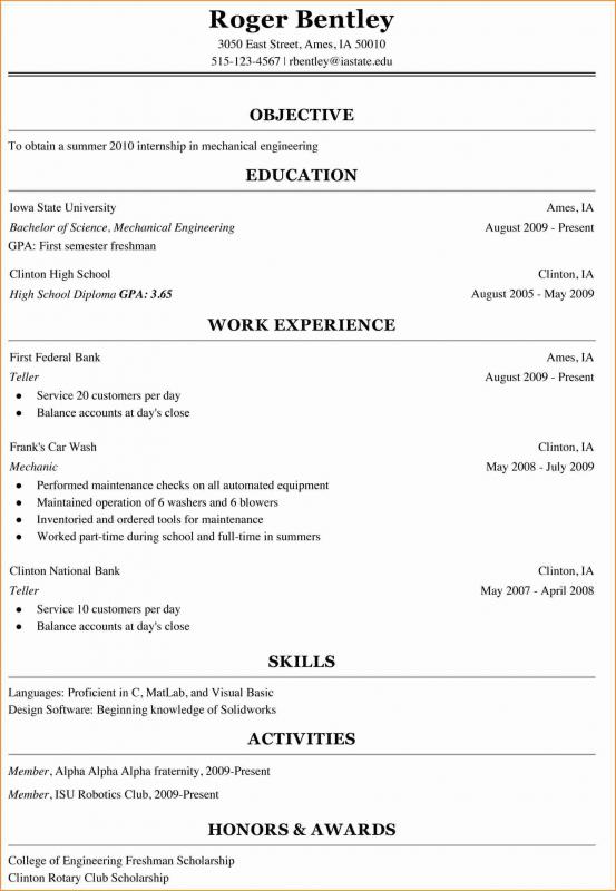 college freshman resume template