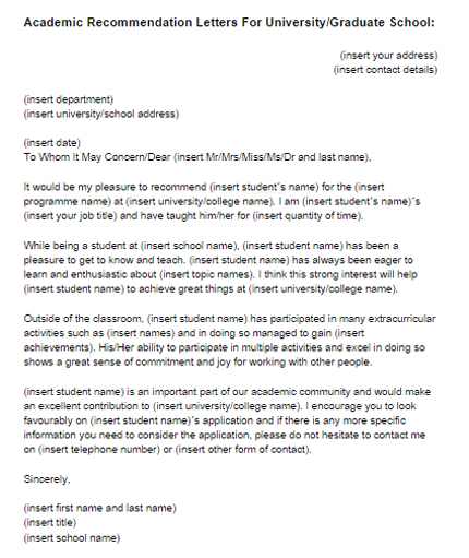 college letter of recommendation template