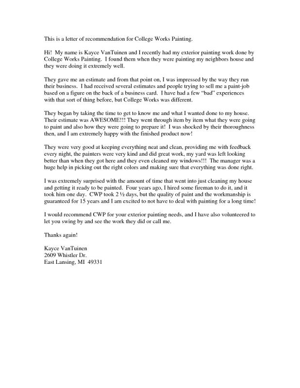 college letter of recommendation template