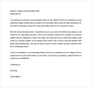 college letter of recommendation template sample college recommendation letter to download