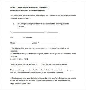 consignment contract template auto dealer consignment agreement