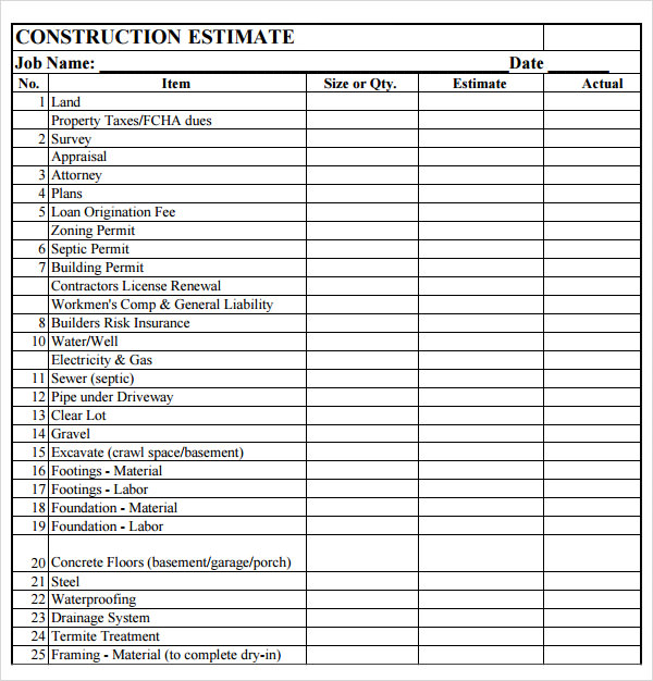 construction estimate template