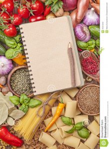 cookbook template free assortment fresh vegetables blank recipe book wooden background
