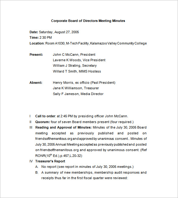 corporate meeting minutes template