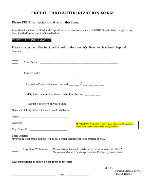 credit card authorization form template
