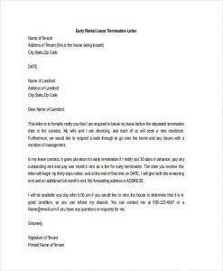 early lease termination letter rental lease early termination letter