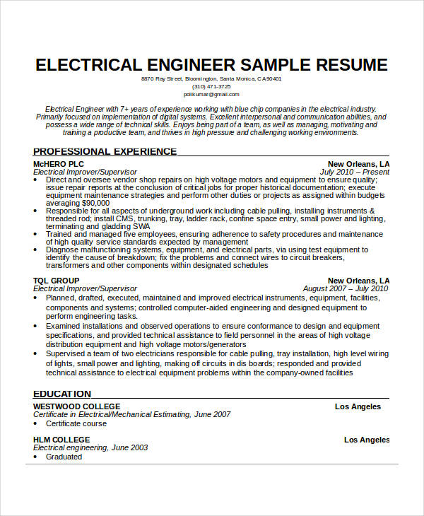 electrical engineer resume