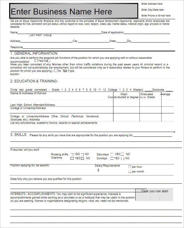 employee application template