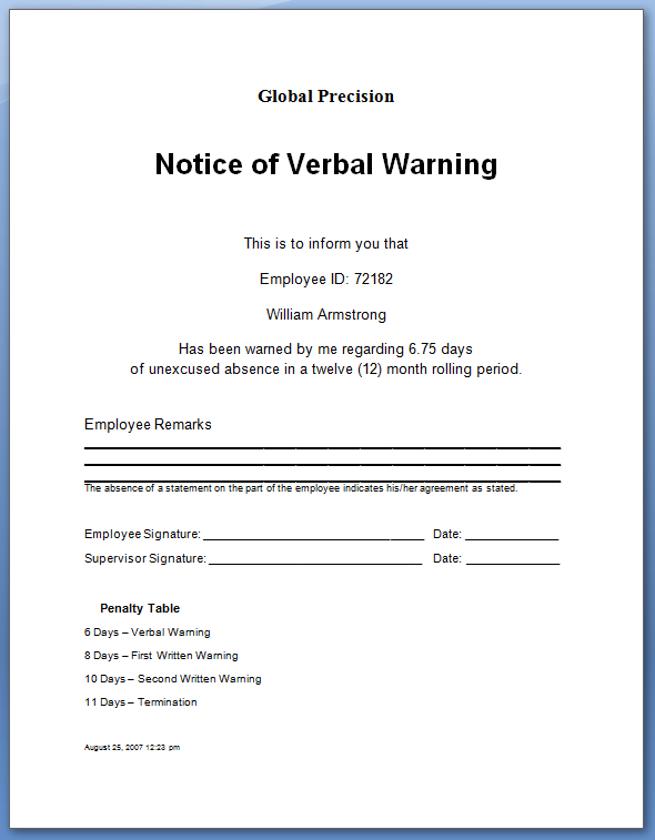 employee written warning template