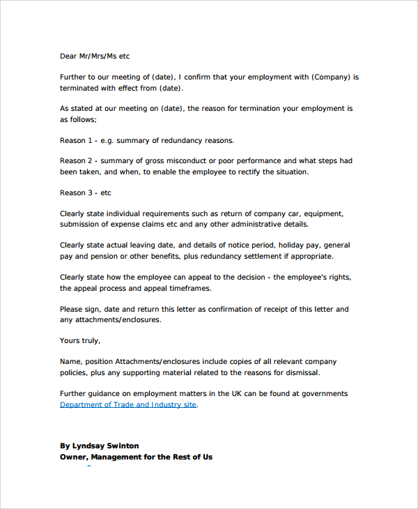 employment termination letter