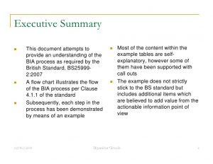 example executive summary business impact analysis clause of bs in practice