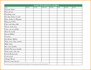excel chore chart list of household chores