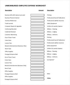 expense sheets templates unreimbursed employee expense worksheet