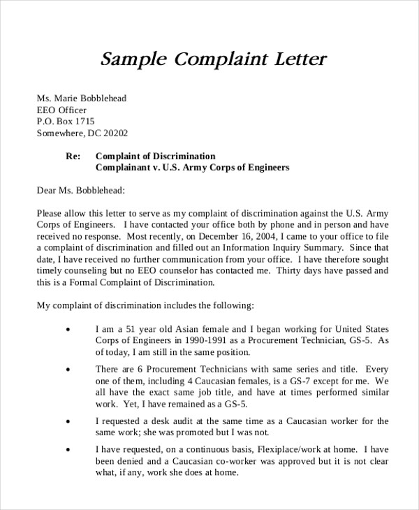 formal complaints letter